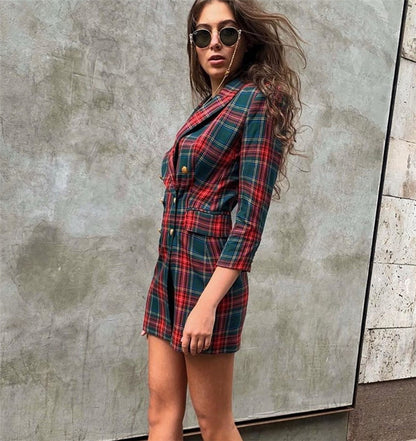 Women's Check Plaid Suit-Style Midi Dress | Long-Sleeve Structured Polyester Dress