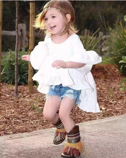 Girls Slub Cotton Short Sleeve Top with Skirt Hem – White
