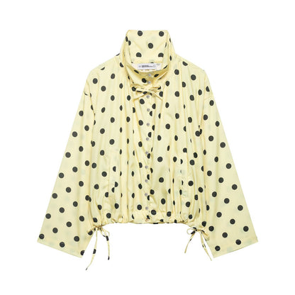 Women's Polka Dot Long-Sleeve Coat | Stand Collar Bow-Tied Single-Breasted Jacket