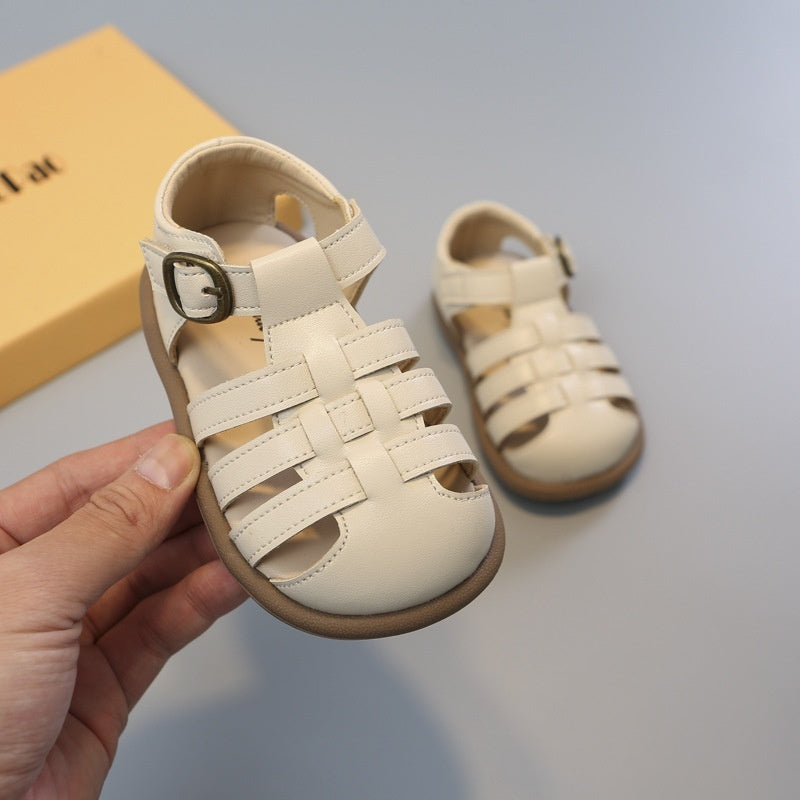 Girls' Woven Roman Shoes – PU Leather Velcro Toddler Flats