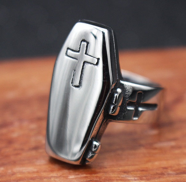 Men's 316L Titanium Steel Coffin Ring – Gothic Statement Band in Silver