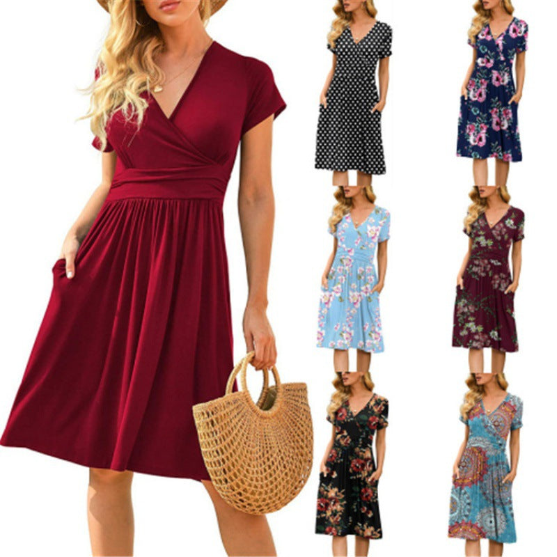 Women's Printed Midi Dress – High Waist, V-Neck & Pocket | S–3XL