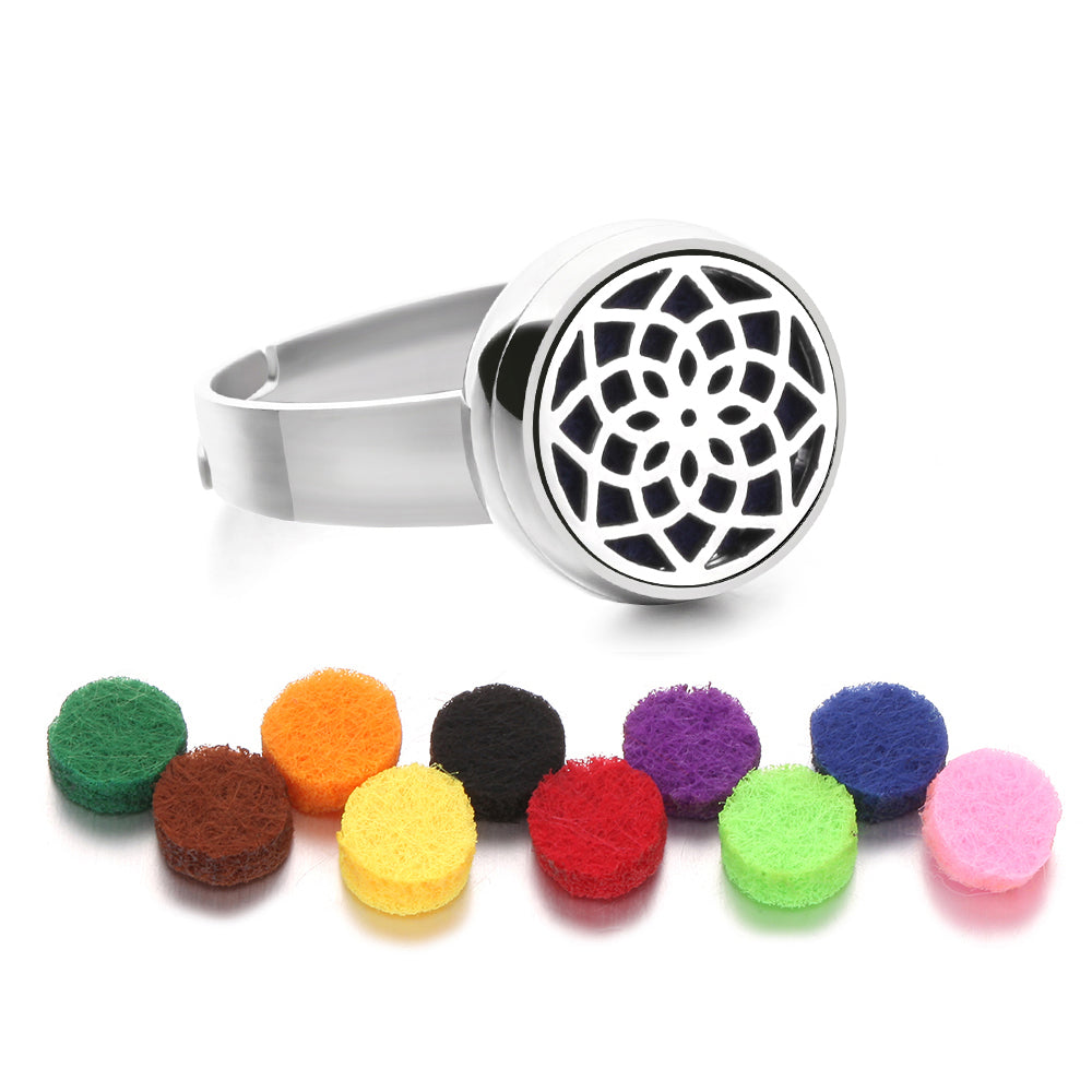 Stainless Steel Essential Oil Aromatherapy Ring | 15 Designs | Includes Cotton Pads