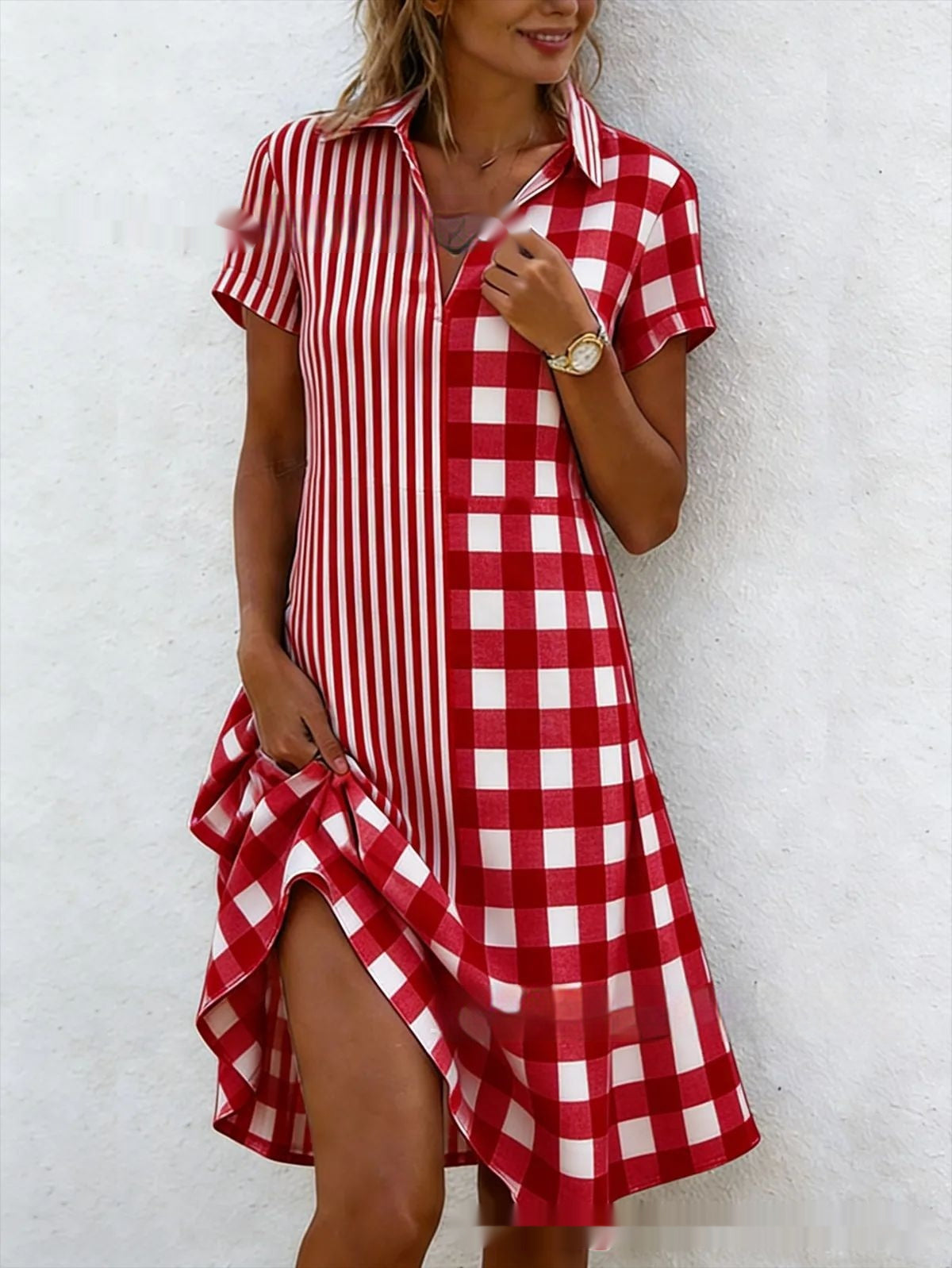 Women's 3D Print V-Neck Short Sleeve Pleated Maxi Dress
