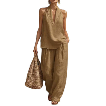 Women's Sleeveless Vest & Wide-Leg Trousers Two-Piece Set