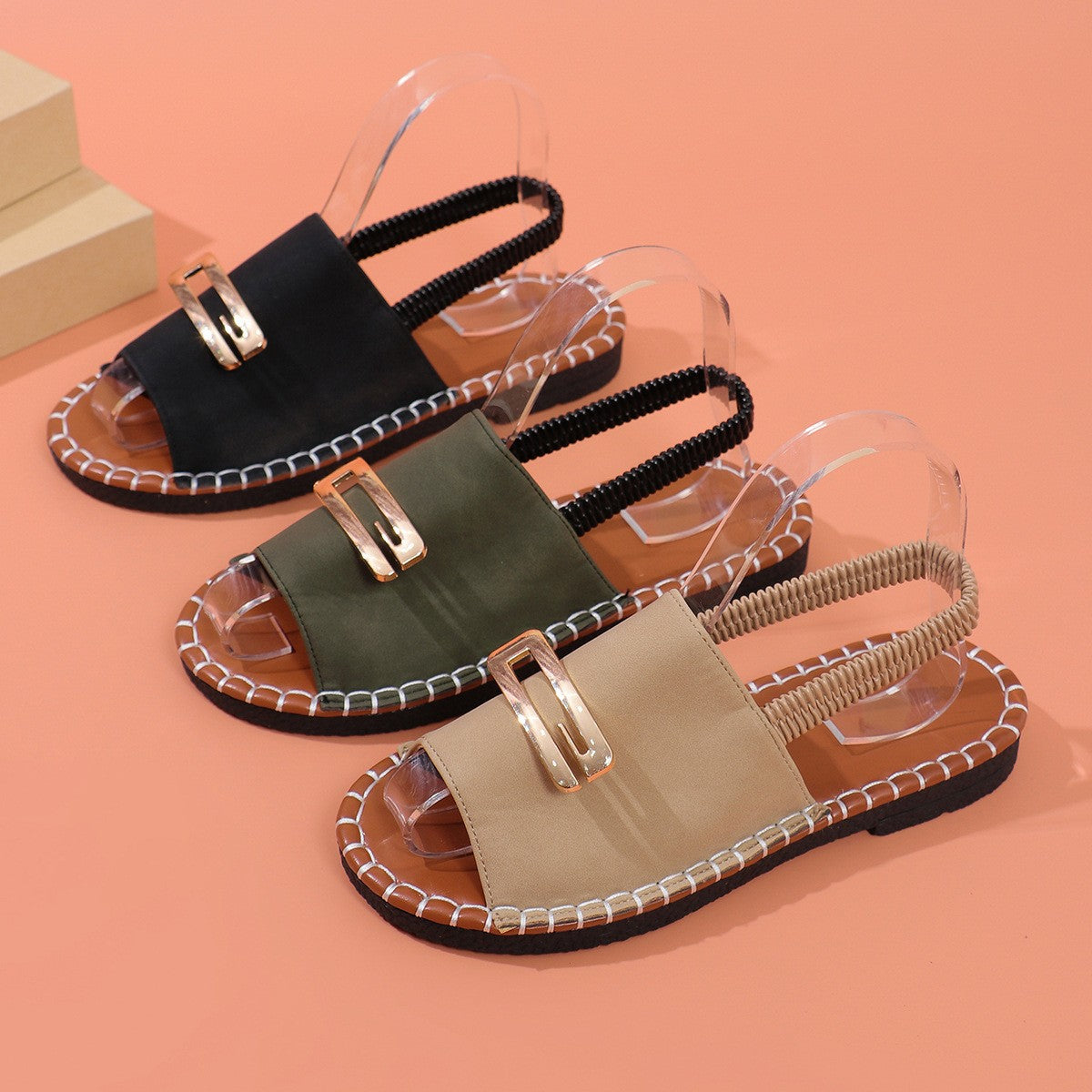 Women's Elastic Band Flat Sandals with Metal Detail | EU 36-43