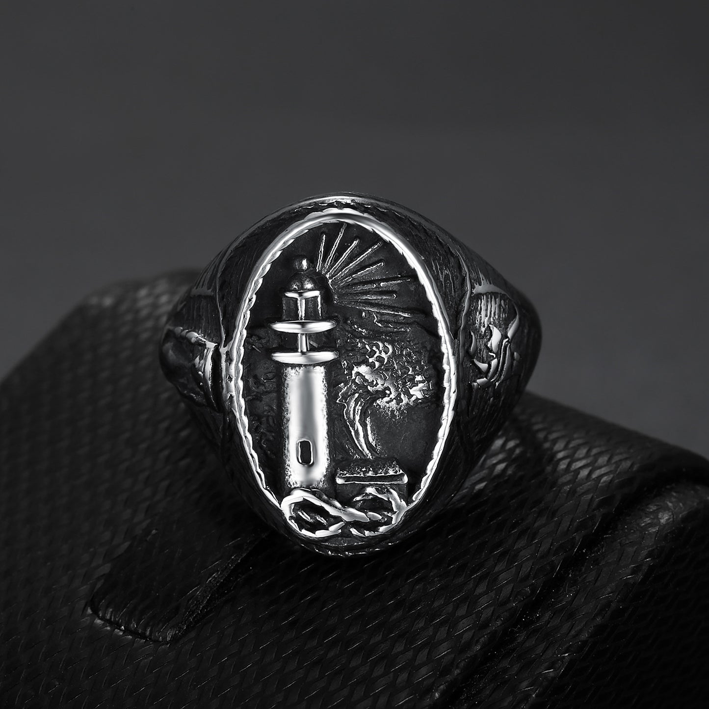 Men's Stainless Steel Lighthouse Ring – Punk Nautical Statement Band