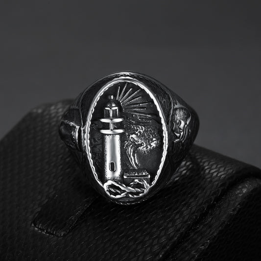 Men's Stainless Steel Lighthouse Ring – Punk Nautical Statement Band