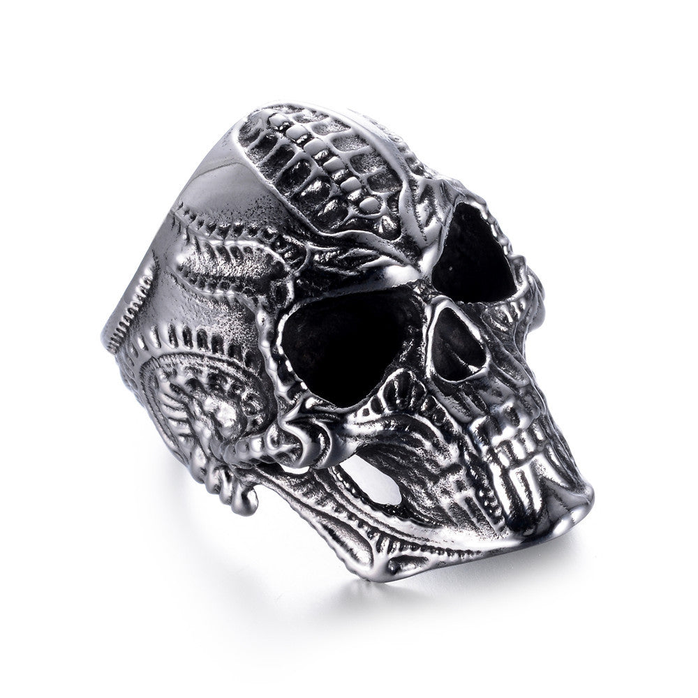 Men's Stainless Steel Skull Punk Ring – Wide Hip Hop Statement Band Silver, Black & Gold