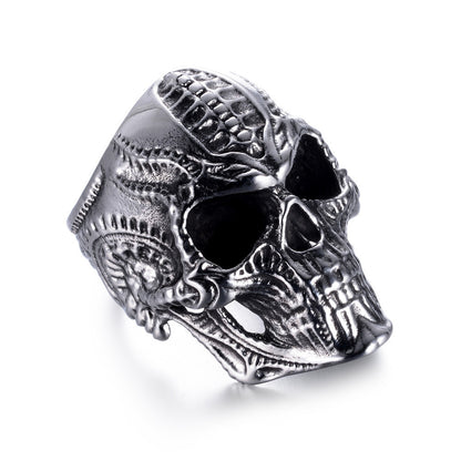 Men's Stainless Steel Skull Punk Ring – Wide Hip Hop Statement Band Silver, Black & Gold