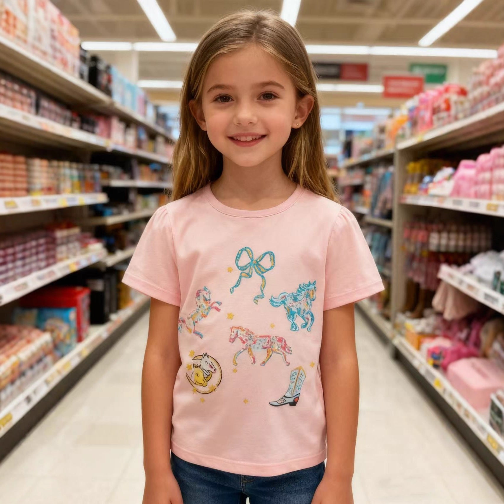 Girls' Cotton Cartoon Crewneck Short-Sleeve T-Shirt