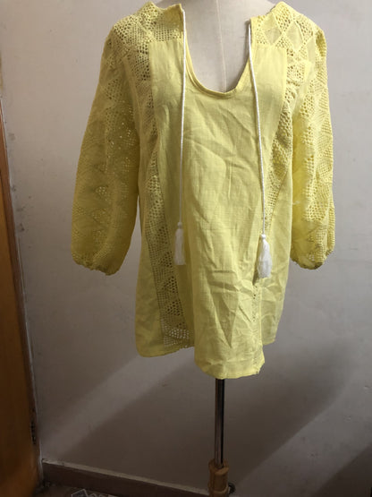 Women's Lace-Stitching U-Neck Three-Quarter Sleeve Top