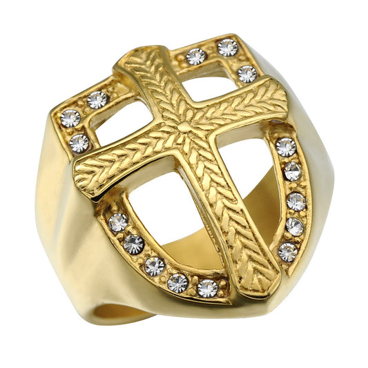 Men's Titanium Steel Shield Cross Ring – Gold Plated Gemstone Statement Band