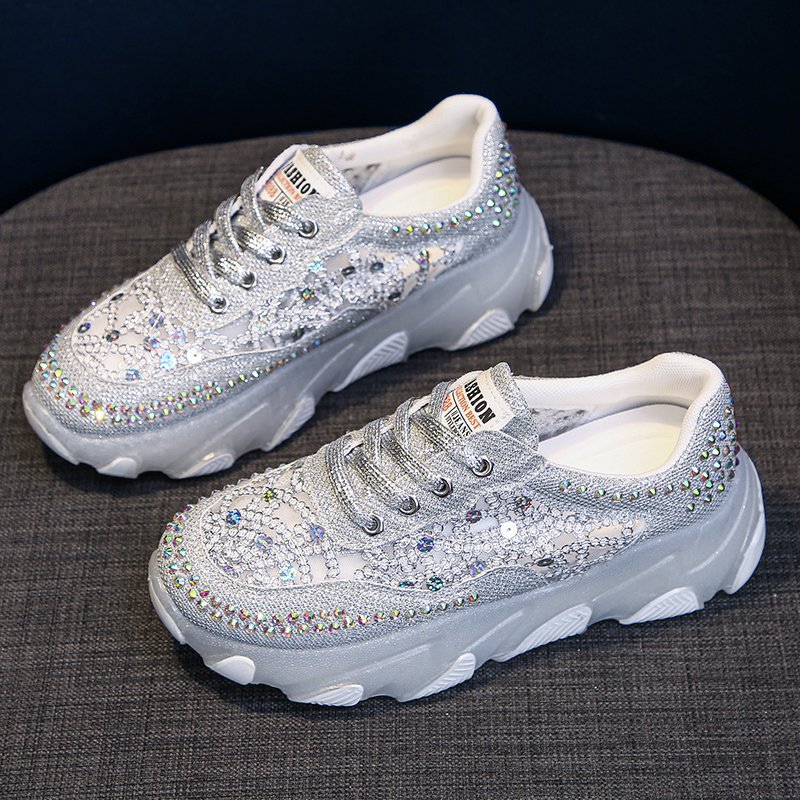 Women's Rhinestone Mesh Chunky Sole Shoes | Height-Increasing | Sizes 35-40