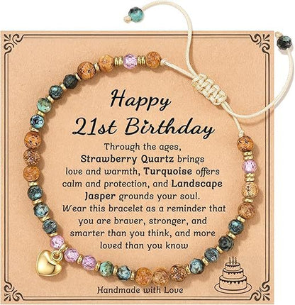 Natural Stone Heart Pendant Bracelet | Hand-Woven Turquoise & Gold Bead Wax Cord