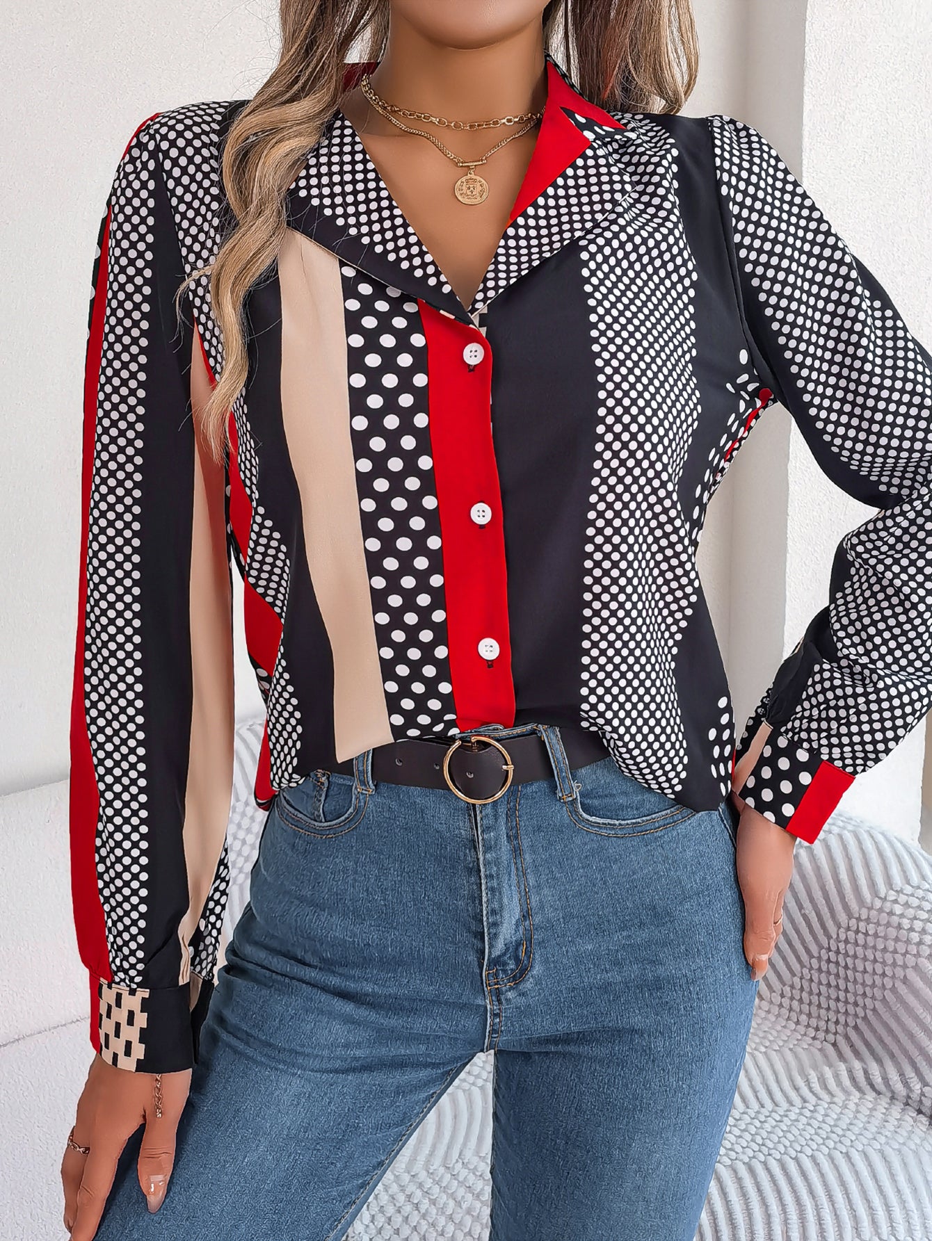Women's Elegant Colour Block Long-Sleeve Shirt