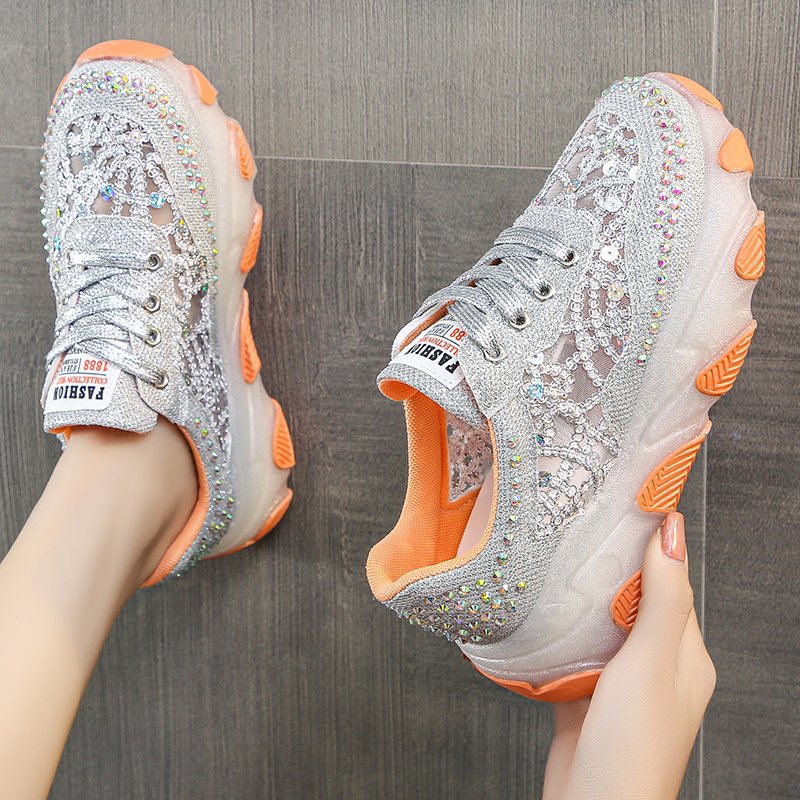Women's Rhinestone Mesh Chunky Sole Shoes | Height-Increasing | Sizes 35-40