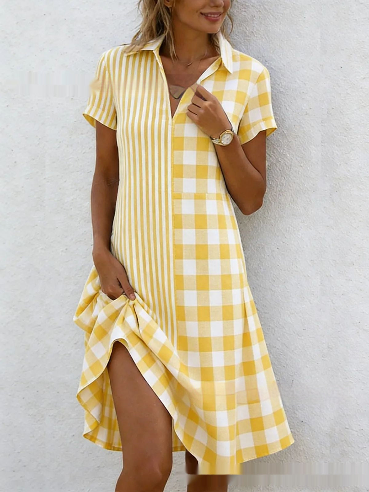 Women's 3D Print V-Neck Short Sleeve Pleated Maxi Dress