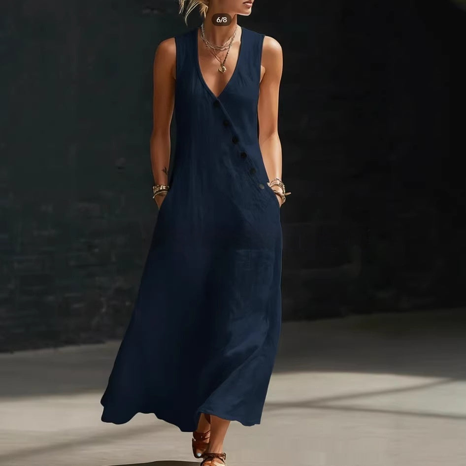 Women's Sleeveless Buttoned A-Line Linen Maxi Dress