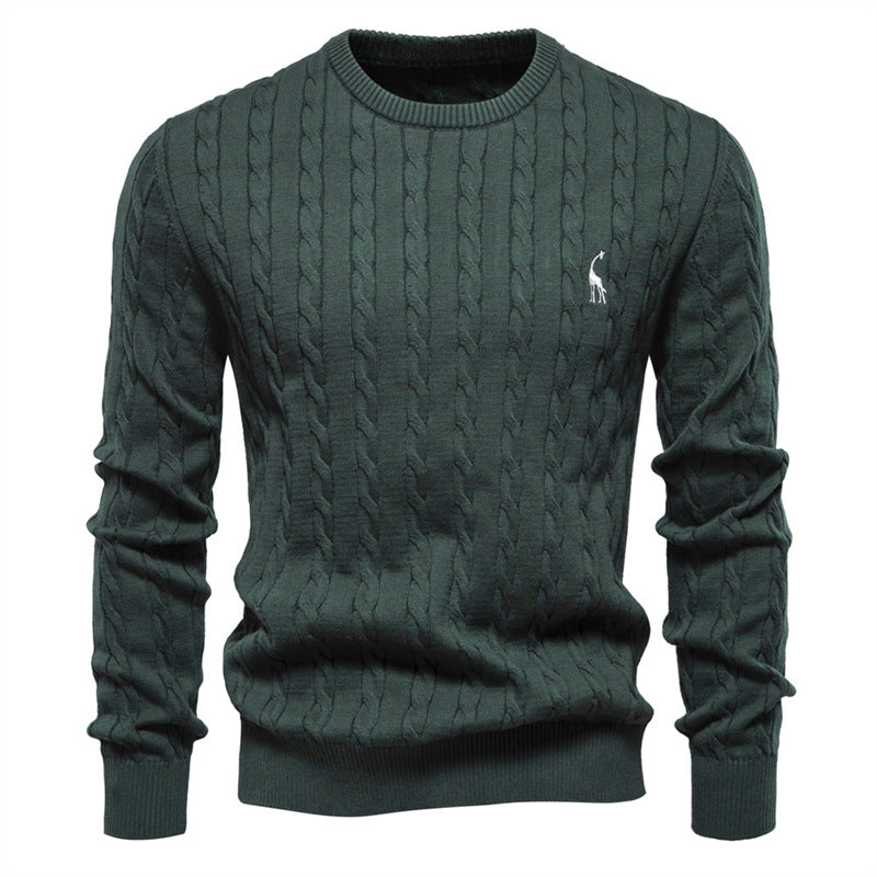 Men's Deer Embroidered Cotton Pullover Sweater | Autumn Casual Knitwear
