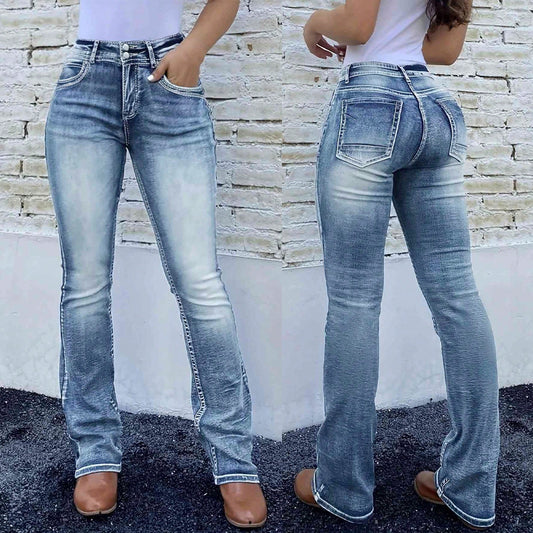 Women's Embroidered Patchwork Stretch Jeans - Washed Blue, S-XXL