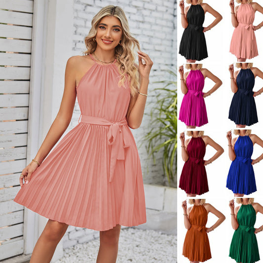 Women's Halter Neck Pleated Chiffon Midi Dress – 8 Colours | S–2XL
