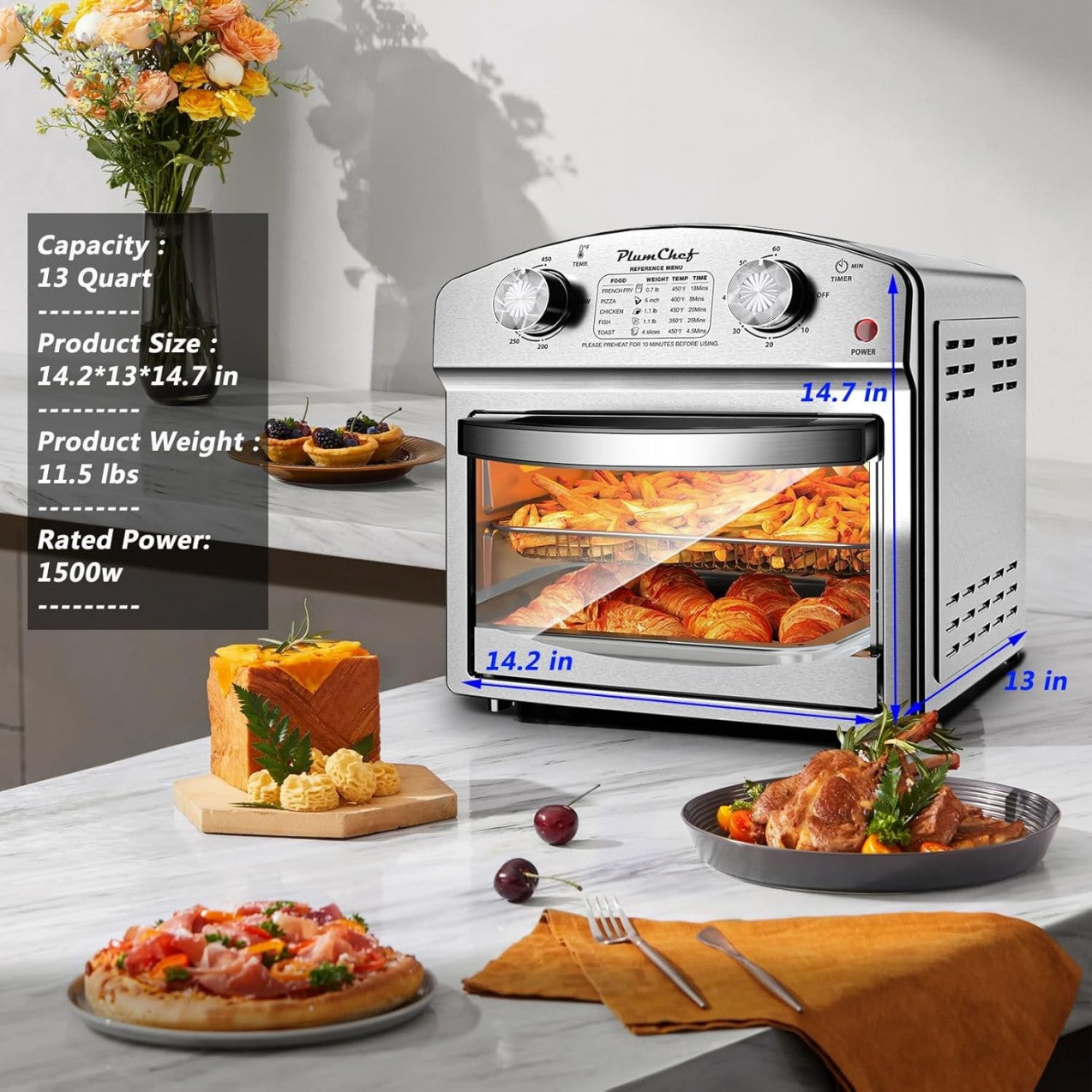 Stainless Steel 12L Air Fryer – Dual Knob, 60-Min Timer, Family Size