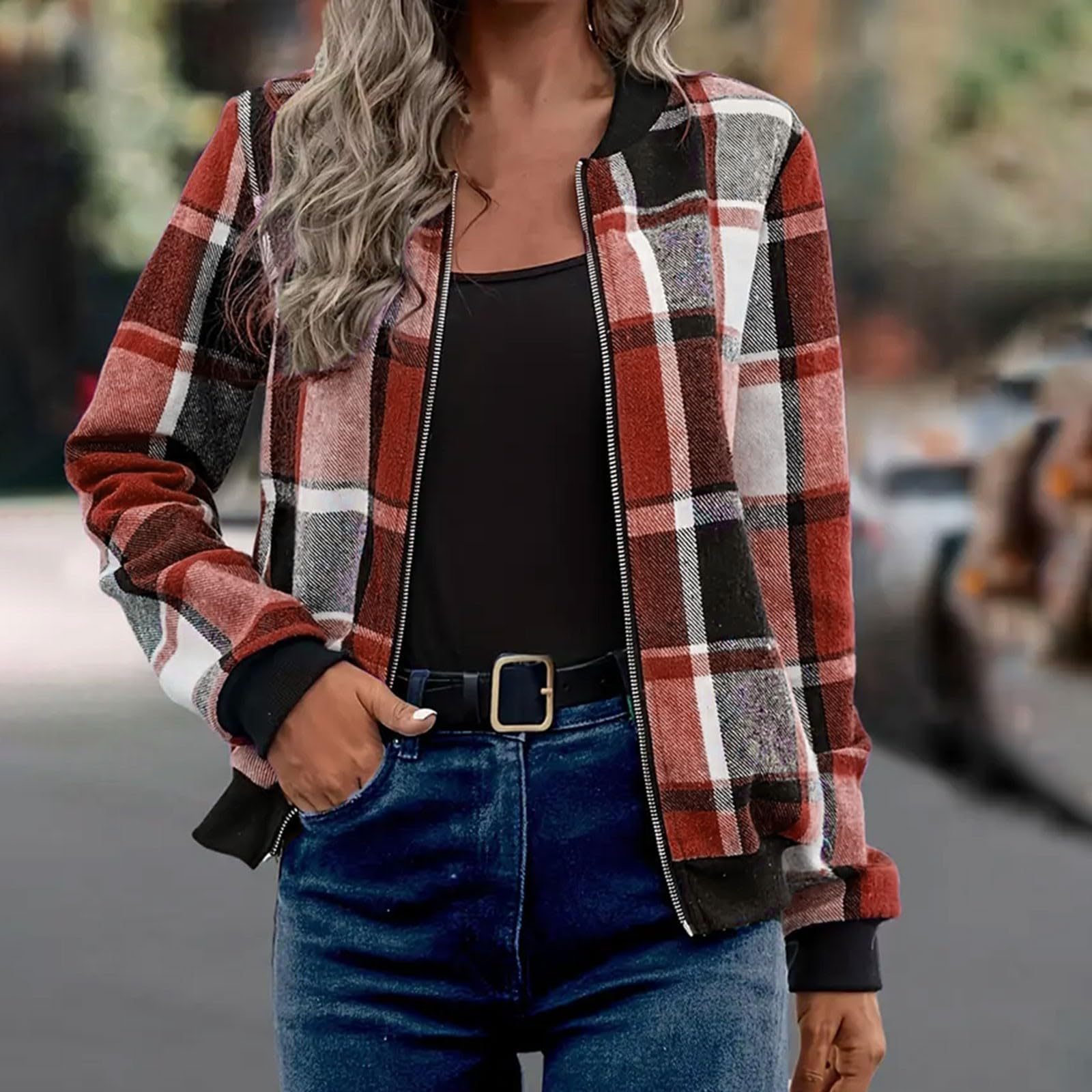 Women's Plaid Zip-Up Baseball Jacket – 8 Colours, Sizes S–XXL