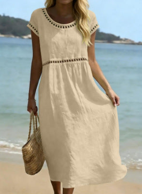 Women's Cotton-Linen A-Line Dress with Embroidered Lace Trim