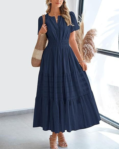 Women's V-Neck Pleated Puff Sleeve Maxi Dress