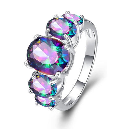 Oval Crystal Stone Ring | Platinum-Plated Coloured Gemstone Ring for Women