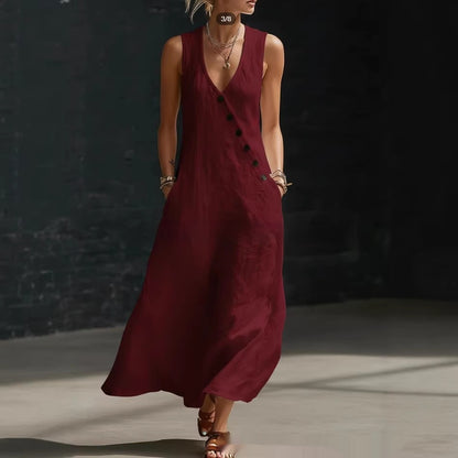 Women's Sleeveless Buttoned A-Line Linen Maxi Dress