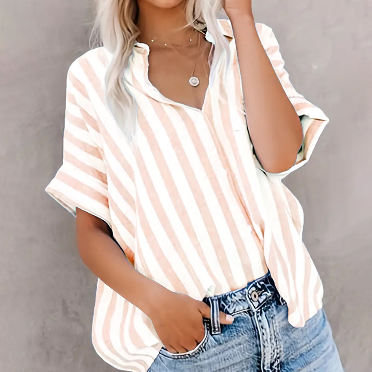 Women's Two-Tone Striped Short-Sleeve Top | Loose-Fit Digital Print Shirt