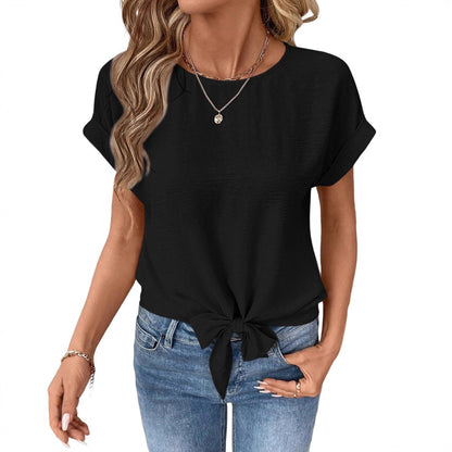 Women's Bow-Tied Hem Short-Sleeve Top | Round-Neck Pullover Shirt