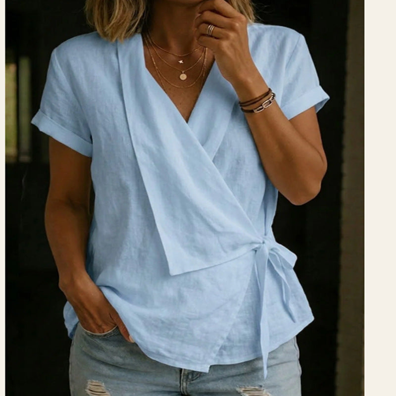 Women's Cotton-Linen Lapel Lace-Up Short-Sleeve Top