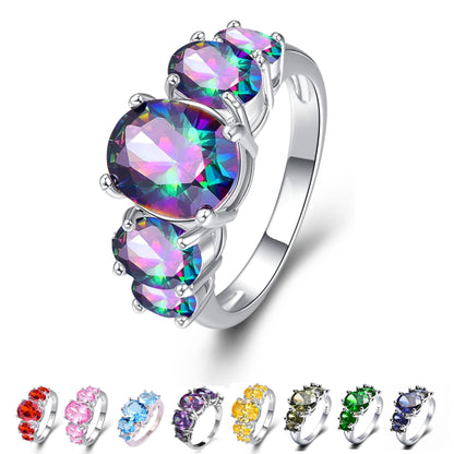 Oval Crystal Stone Ring | Platinum-Plated Coloured Gemstone Ring for Women