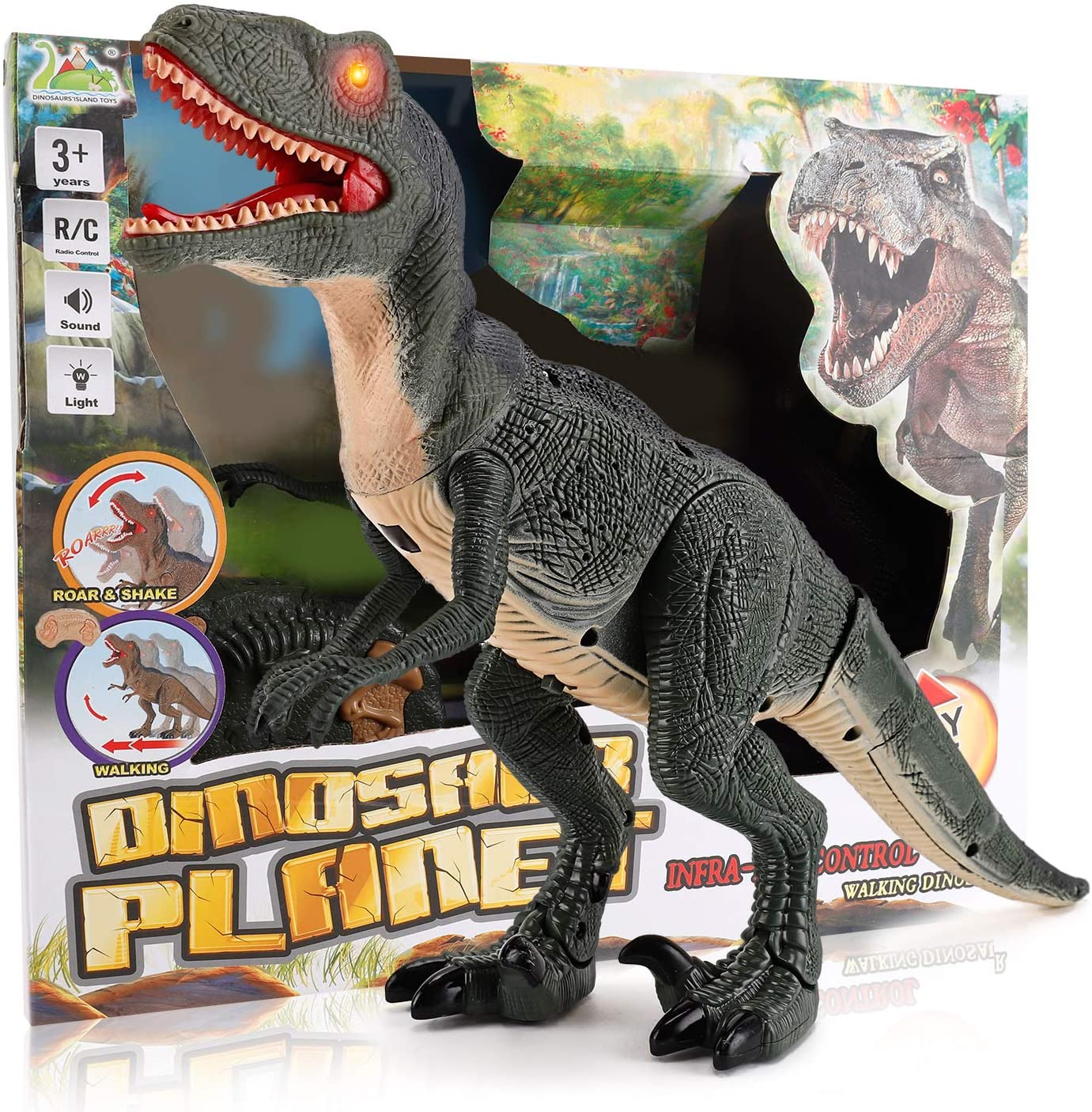 RC Walking Velociraptor Dinosaur Toy - Roaring Sounds Light-Up Eyes Infrared Remote Age 3+