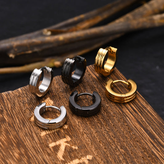 Men's Stainless Steel Triple Ring Earring | Black, Gold & Steel
