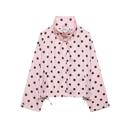Women's Polka Dot Long-Sleeve Coat | Stand Collar Bow-Tied Single-Breasted Jacket