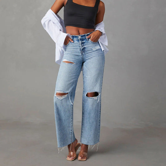 Women's High Waist Ripped Straight Leg Jeans