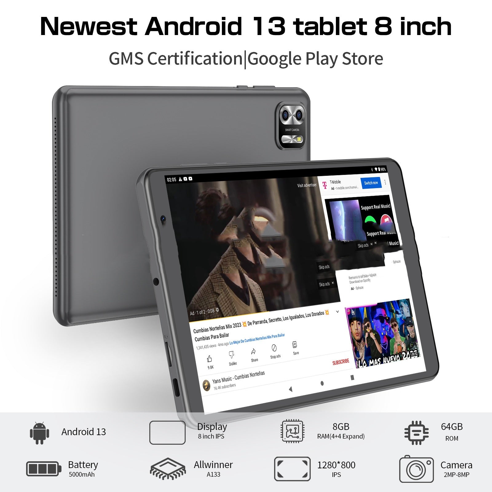 8-Inch Android 13 Tablet | Octa-Core, 4GB RAM, 64GB | Blue, Grey, Pink