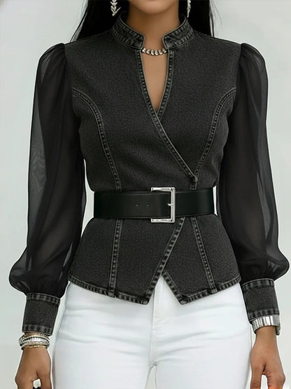 Women's Denim-Print Knitted Long-Sleeve Pullover Top