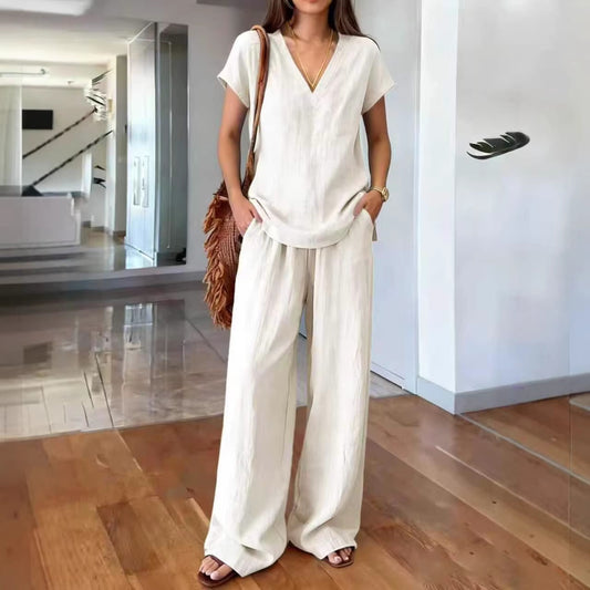 Women's V-Neck Short Sleeve Top and Wide-Leg Pants Co-ord Set