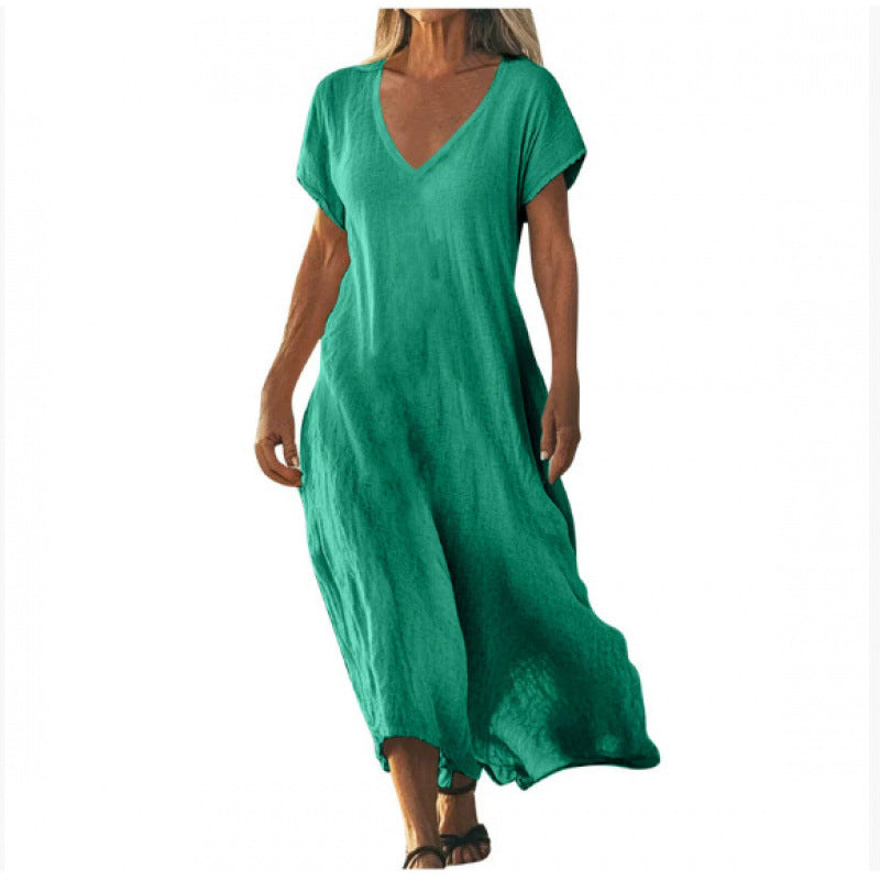 Women's Cotton Linen V-Neck Midi Dress