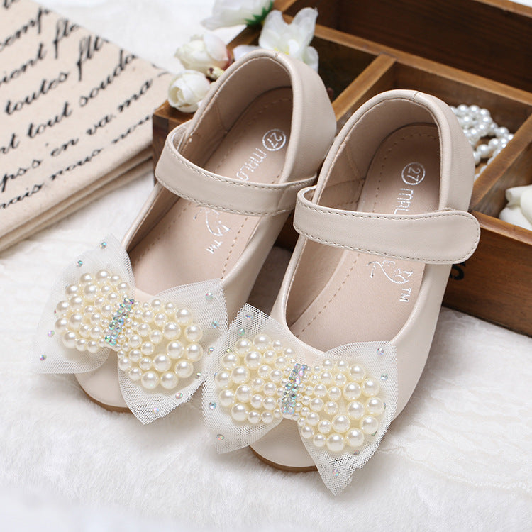 Girls' Pearl Bow Dress Shoes – PU Leather Velcro Flats