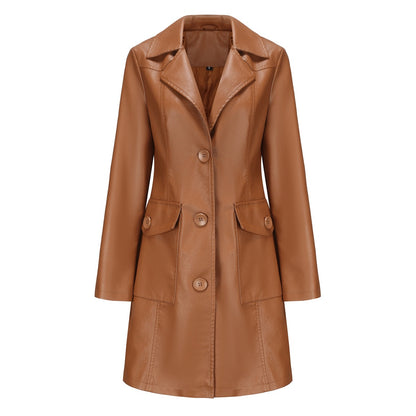 Women's Long Faux Leather Trench Coat – 4 Colours, Sizes S–3XL