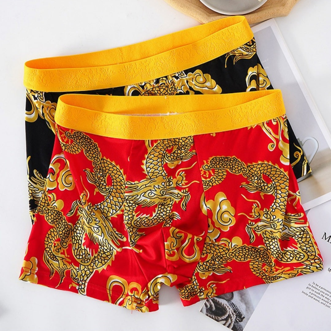 Men's Dragon Print Milk Silk Boxer Briefs – Quick-Dry Mid-Waist 4 Colours