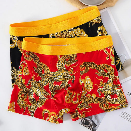 Men's Dragon Print Milk Silk Boxer Briefs – Quick-Dry Mid-Waist 4 Colours