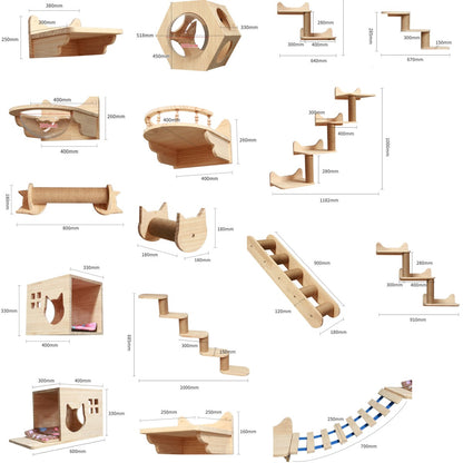 Modular Wall-Mounted Cat Climbing Frame – Solid Wood Shelves & Platforms