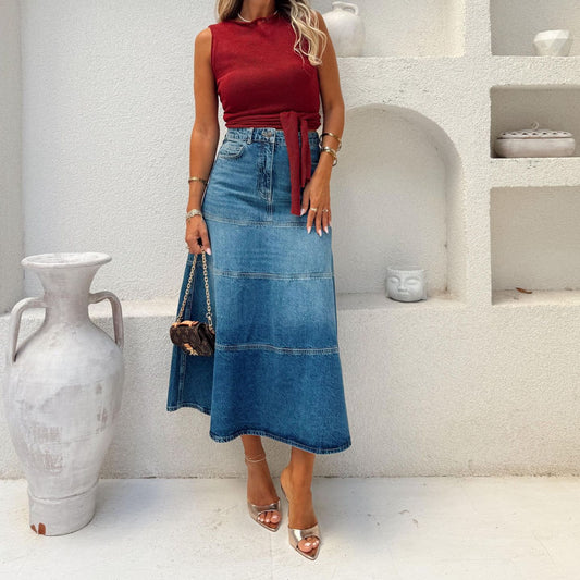 Women's Retro High-Waist Denim Midi Skirt